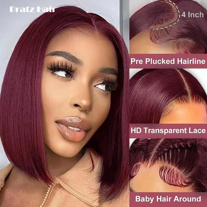 99j Burgundy Lace Front Wigs Human Hair Glueless Bob Wig Human Hair 13x4 Lace Front Wig Pre Plucked Straight Wine Red Bob Wigs