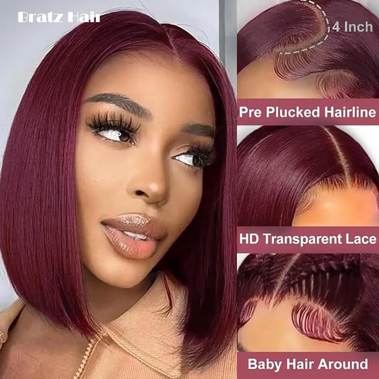 99j Burgundy Lace Front Wigs Human Hair Glueless Bob Wig Human Hair 13x4 Lace Front Wig Pre Plucked Straight Wine Red Bob Wigs