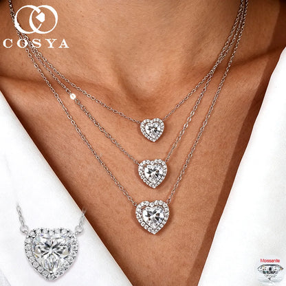 COSYA 1-4CT Heart Cut Moissanite Necklaces For Women 100% S925 Silver D Color Halo Diamond Pendant Fine Jewelry Gift Certified
