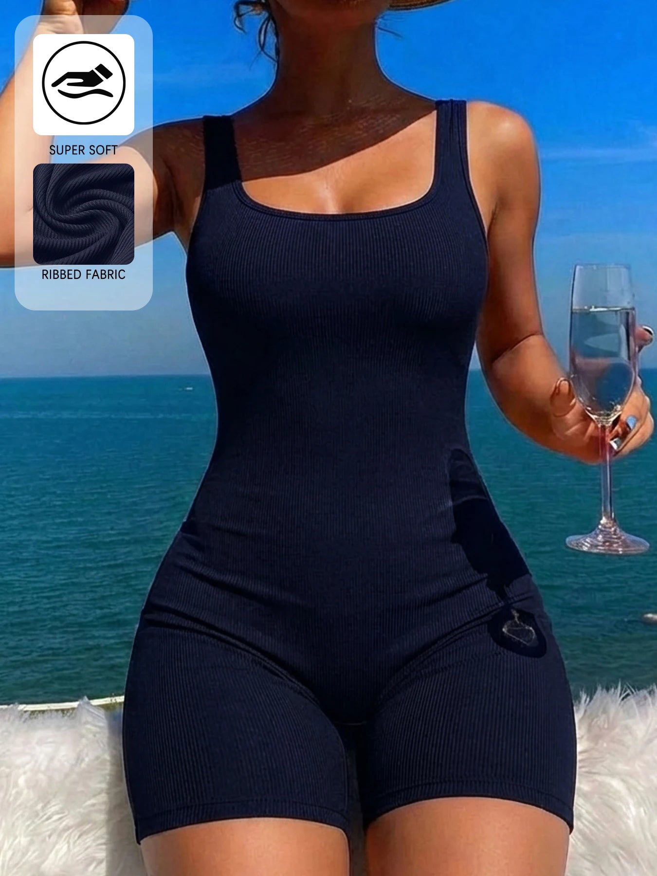Women'S Square Neck Ribbed Jumpsuits，Women's Sleepwear & Loungewear