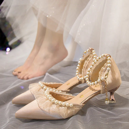 Elegant Pearl Weddings Bridal Pumps for Women 2026 Summer Silk Ankle Straps High Heels Shoes Woman Pointed Toe Dress White Shoes