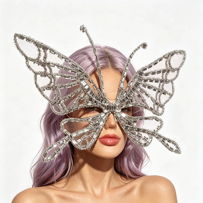 Sexy Shiny Silver Crystal Jumpsuit Transparent Mesh 3D Butterfly Rhinestone Wings Jumpsuit Birthday Party Performance Costume