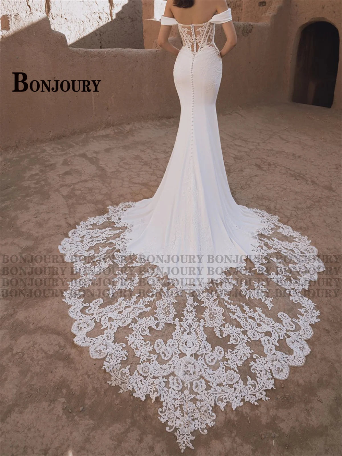 BONJOURY Elegant Wedding Dresses for Bride Off the Shoulder Appliques Trumpet Zipper Court Train Abito Da Sposa Customized