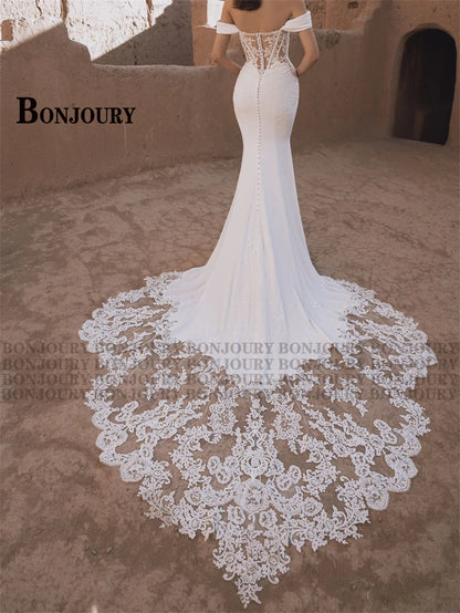 BONJOURY Elegant Wedding Dresses for Bride Off the Shoulder Appliques Trumpet Zipper Court Train Abito Da Sposa Customized