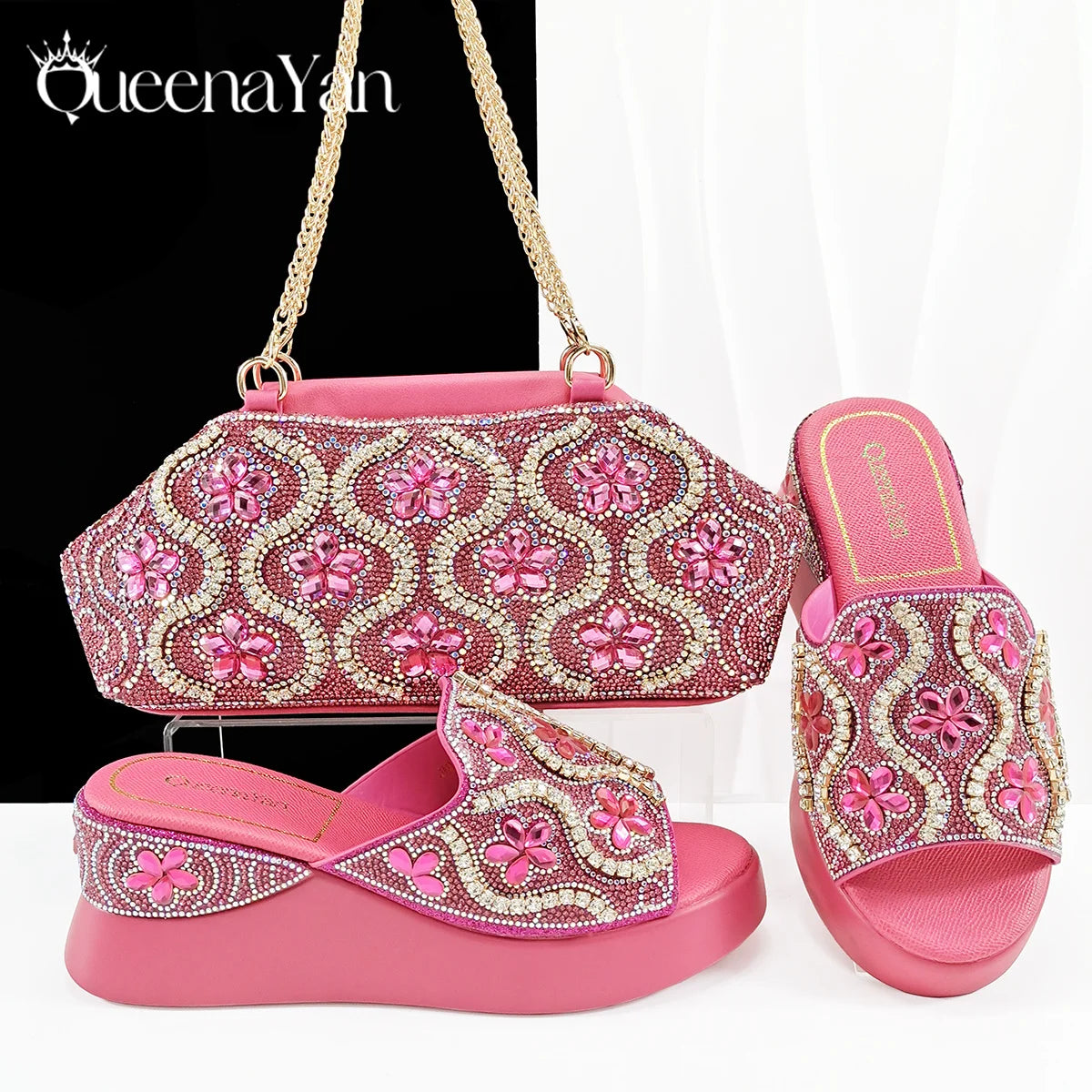 Queena Yan Popularity Open Toe Luxury Fashion Women High Heels Shoes and Bags Set With Rhinestone for Wedding Party Elegant