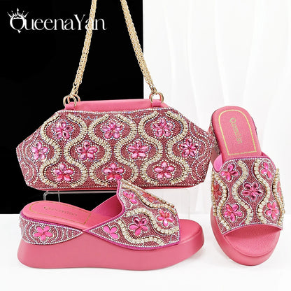 Queena Yan Popularity Open Toe Luxury Fashion Women High Heels Shoes and Bags Set With Rhinestone for Wedding Party Elegant