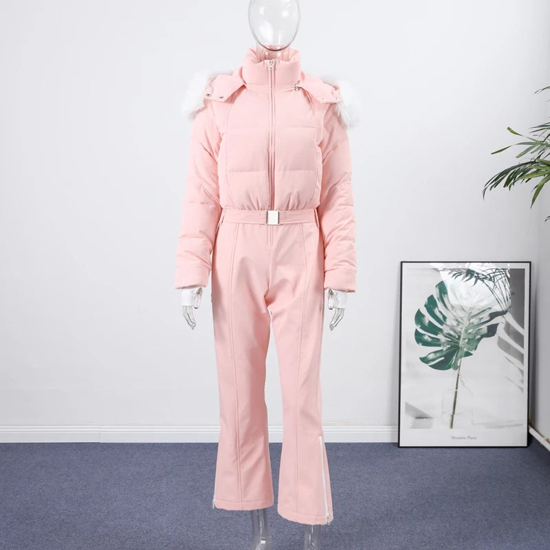 Fashion Hooded One-Piece Ski Jumpsuit Women Stand Collar Zipper High Waist Solid Windproof Outwear 2026 Winter Lady Skiwears New