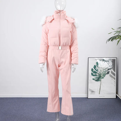 Fashion Hooded One-Piece Ski Jumpsuit Women Stand Collar Zipper High Waist Solid Windproof Outwear 2026 Winter Lady Skiwears New