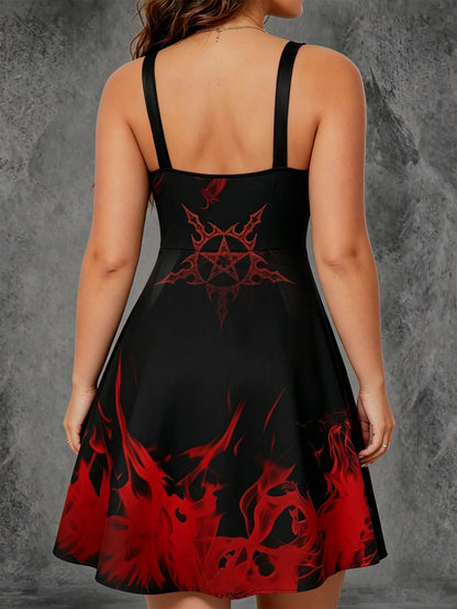 Plus Size Pentagram Flame Print O-Ring Strap Swing Mini Cami Dress Gothic