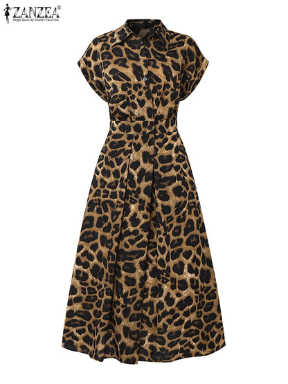 2025 Summer Leopard Print Dresses ZANZEA Women Maxi Long Dress Lapel Neck Short Sleeve Work Vestidos Robe Officewear Sundress