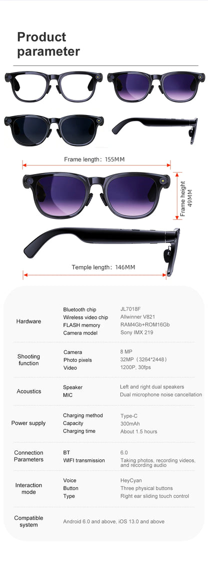 AI Smart Glasses 800W HD Camera Photo Video Record Voice Assistant Real-time Translation Waterproof Chat GPT Music Smart Glasses