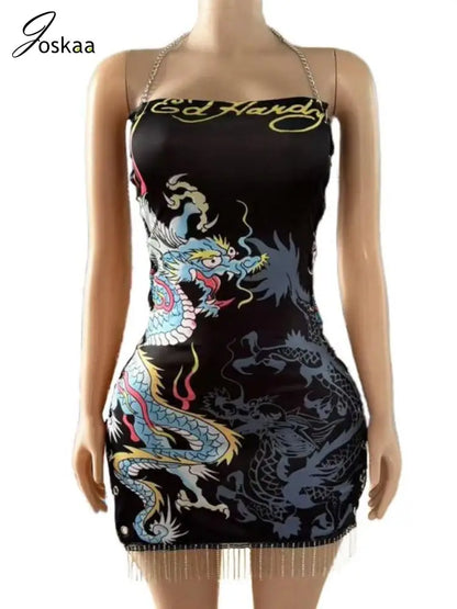 Joskaa 2025 Summer Women's Vintage Print Chain Halter Side Hollow Bandage Tassel Hem Bodycon Mini Dress Holiday Beach Clubwear