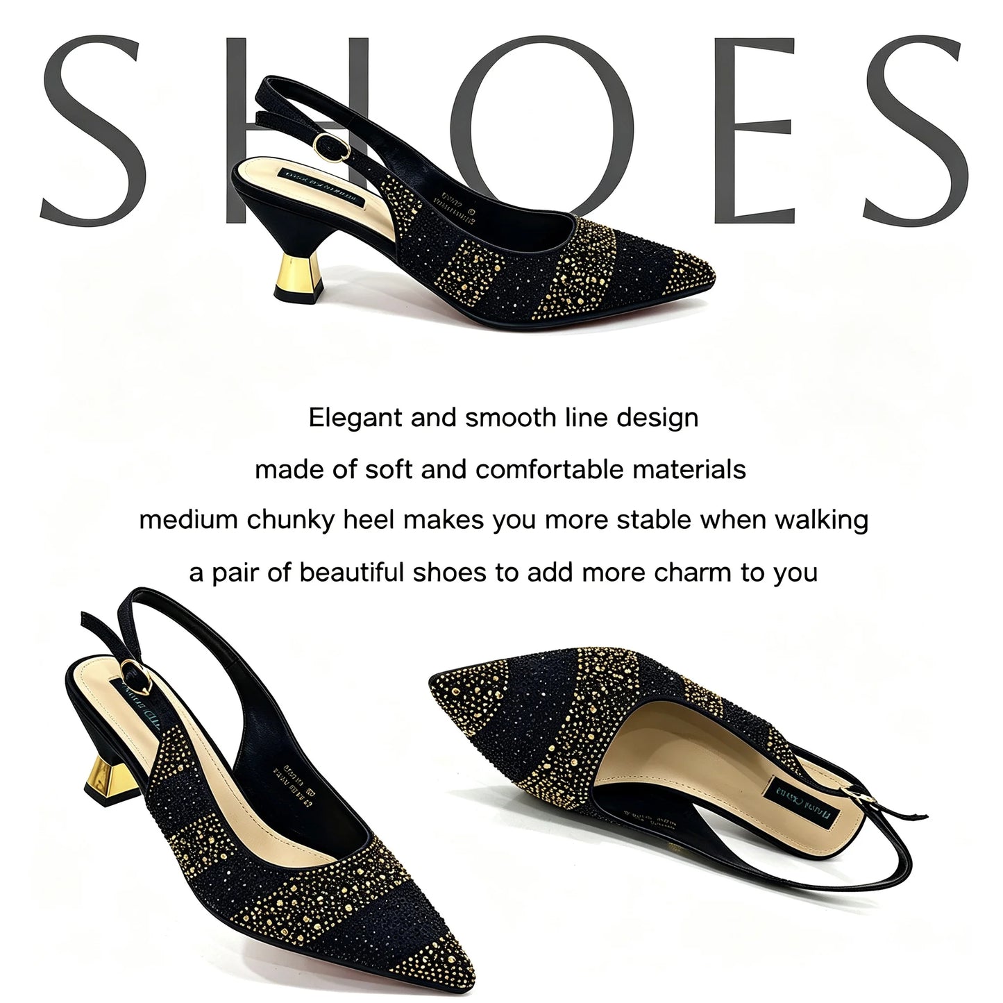 Black Gold Rhinestone Pointed Toe Mid Heels Women Party Wedding Slingback Shoes Matching Crystal Evening Clutch Bag Shoes Set
