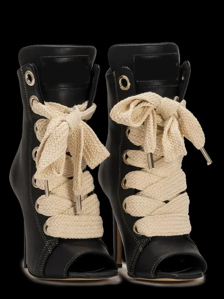 Peep Toe Corss Tied Patchwork Ankle Boots Sexy Square Toe Thick Heel New Arrivals Fashion Women Runway Shoes