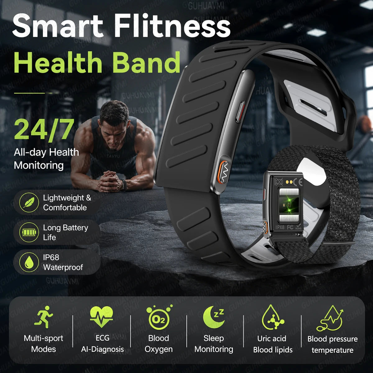 GUHUAVMI ECG+HRV Health Smart Screenless Band 24Hours Blood Pressure Uric acid Blood lipids 3ATM 100+Sports New Fitness Tracker