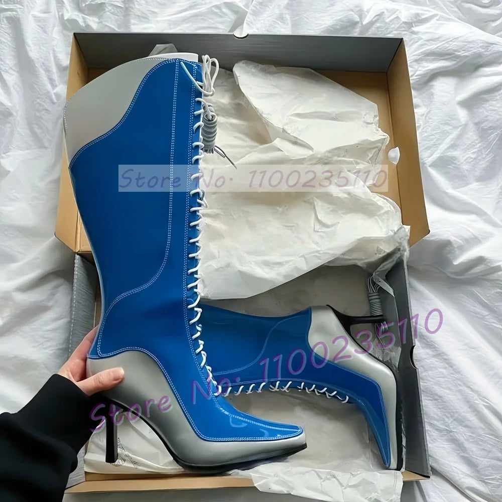 Blue Patent Leather Knee High Boots Women Stylish Pointy Toe Cross Tied High Heels Dress Shoes Ladies Hollow Out Cool Tall Boots