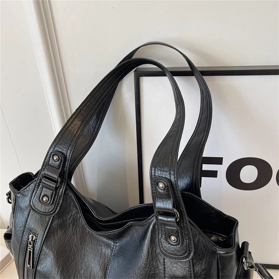 New Large Capacity Soft Leather Women's Handbag Fashion Trend Designer Women Shoulder Bag Simple Retro Female Travel Bags Sac