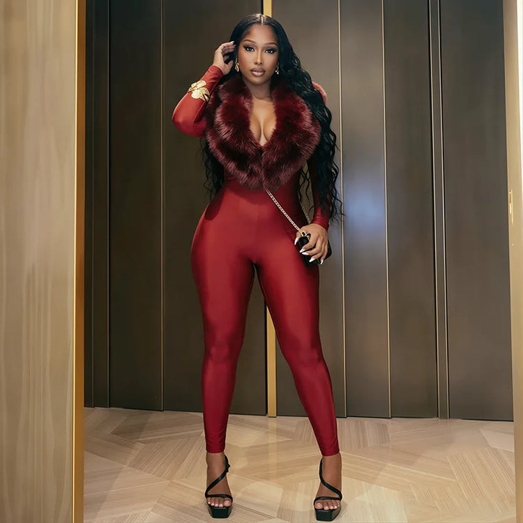 FAGADOER Women Fall Winter Bodycon Jumpsuit Faux Fur Collar Long Sleeve Deep V Neck Slim Fit Sexy Club Party One Piece Outfit