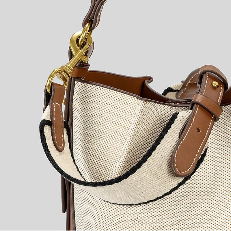 Fashion Panelled Canvas Bucket Bag Designer Women Handbags Luxury Pu Leather Shoulder Crossbody Bags with Wide Strap Tote Purses