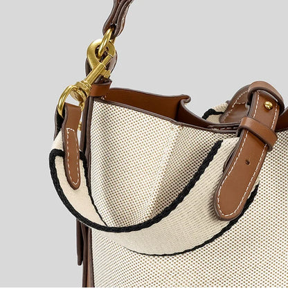 Fashion Panelled Canvas Bucket Bag Designer Women Handbags Luxury Pu Leather Shoulder Crossbody Bags with Wide Strap Tote Purses