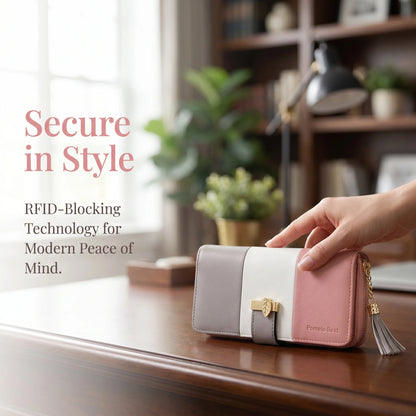 Pomelo Best Tri-color Women's Wallet Zipper Long Billfold PU Leather Large 9 Card Slots Coin Purse RFID Blocking Tassel Pendant