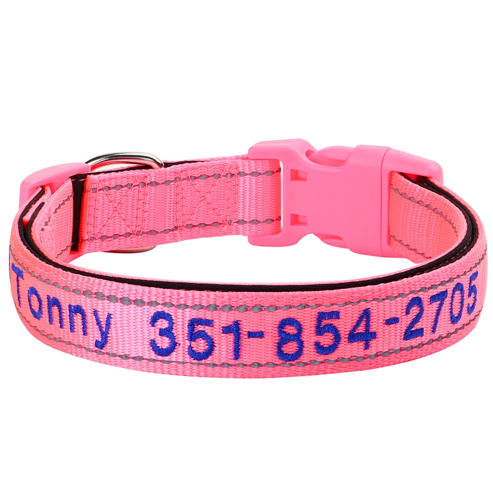 Embroidered Nylon Dog Collar Free Custom Dogs Collar Reflective Pet ID Name Phone No. For Small Medium Large Dogs Pug Adjustable
