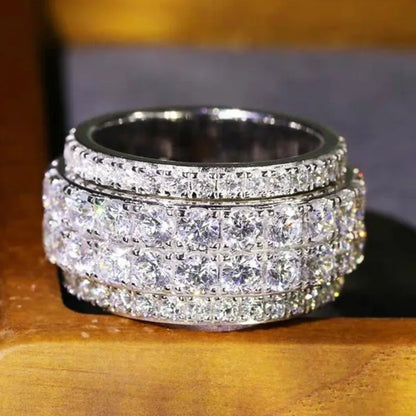 Huitan Full Bling Iced Out Cubic Zirconia Wide Ring for Women Round Band Silver Color Gorgeous Female Accessory Wedding Jewelry