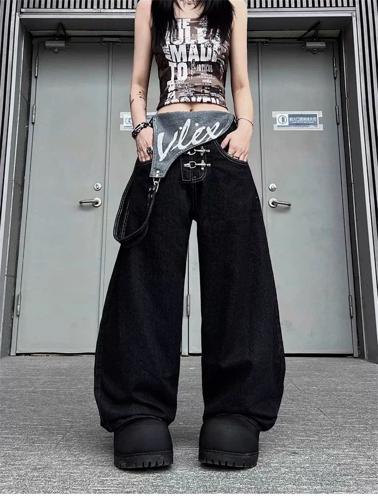 Women's Detachable Black Overalls Street Jumpsuits Straight Unisex Trousers Wide Leg Sweatpants High Waist Casual Baggy Pants