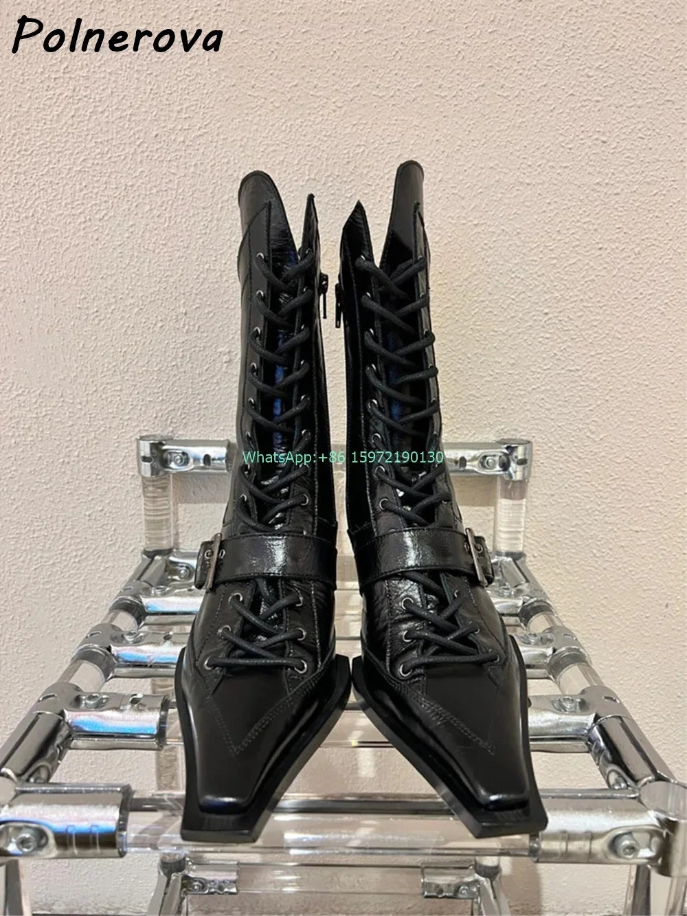 Buckle Belt Cross Tied Boots Solid Square Toe Strange Style Heels Zipper Black Ankle Boots Women's Genuine Leather Modern Boots