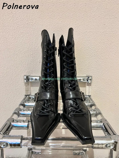 Buckle Belt Cross Tied Boots Solid Square Toe Strange Style Heels Zipper Black Ankle Boots Women's Genuine Leather Modern Boots