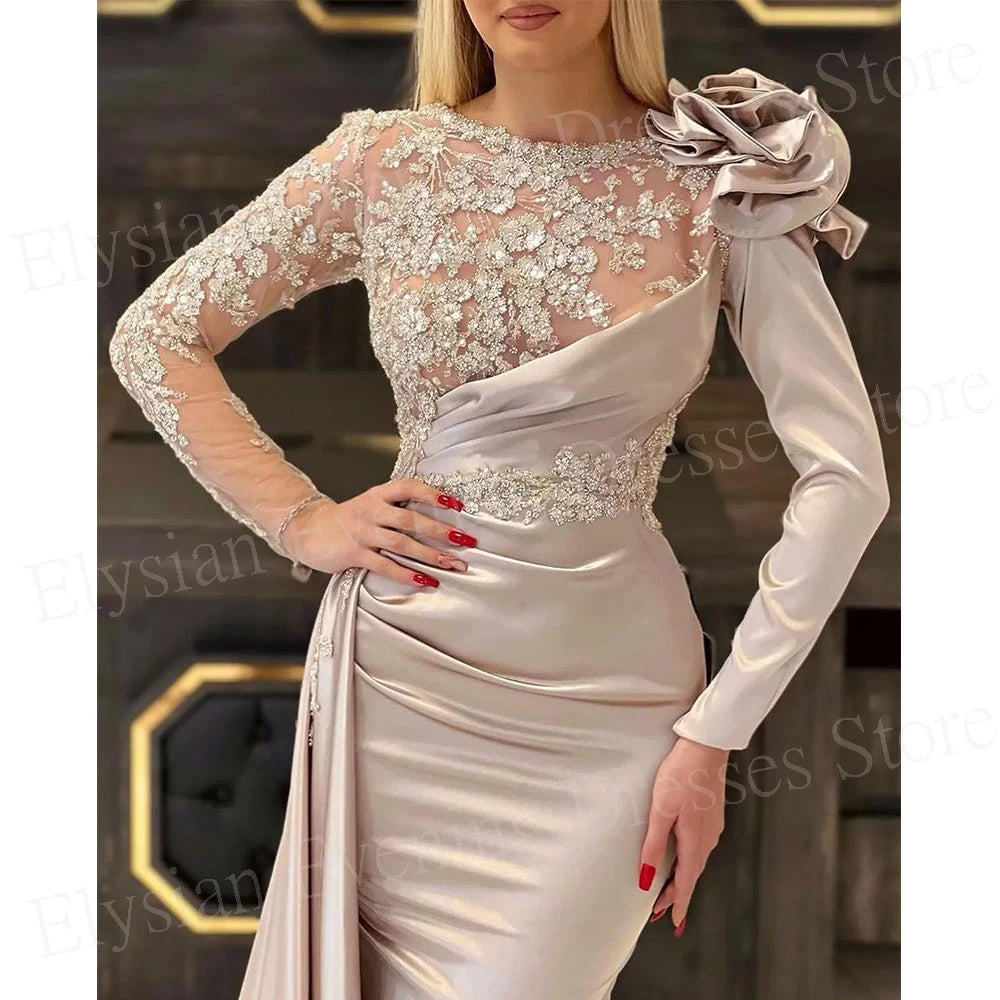 Graceful Women's Mermaid Modern Evening Dresses Charming Lace 3D Flowers Customized Prom Gowns Pleated فساتين للمناسبات الرسمية