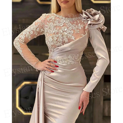 Graceful Women's Mermaid Modern Evening Dresses Charming Lace 3D Flowers Customized Prom Gowns Pleated فساتين للمناسبات الرسمية