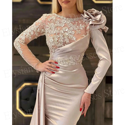 Graceful Women's Mermaid Modern Evening Dresses Charming Lace 3D Flowers Customized Prom Gowns Pleated فساتين للمناسبات الرسمية