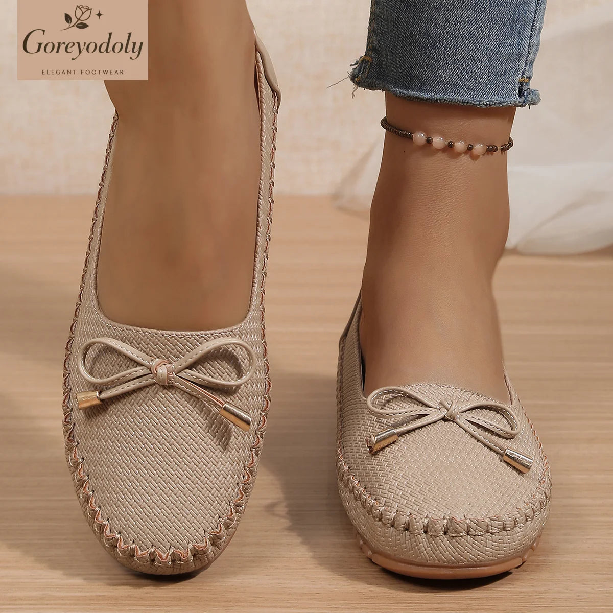 Goreyodoly Womens Casual Slip On Flats Woven Pattern Bow Breathable Lightweight Comfortable Daily Walking Shoes
