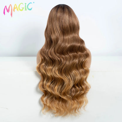 Magic Synthetic Lace Front Wigs For Women 30" Long Body Wave Lace Wig Ombre Blonde Highlight Cosplay Wigs Heat Resistant