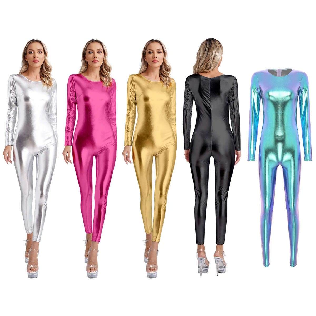 Womens Metallic Shiny Bodysuit Clubwear Long Sleeve Slim Fit Full Body Jumpsuit Nightclub Rave Party Musci Festival Costumes
