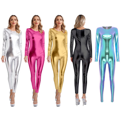Womens Metallic Shiny Bodysuit Clubwear Long Sleeve Slim Fit Full Body Jumpsuit Nightclub Rave Party Musci Festival Costumes
