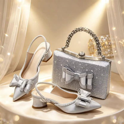 Elegant Gold Satin Rhinestone Bow Slingback Heel & Clutch Bag Set, Women Bridal Matching Kit For Wedding Party Evening Prom Form