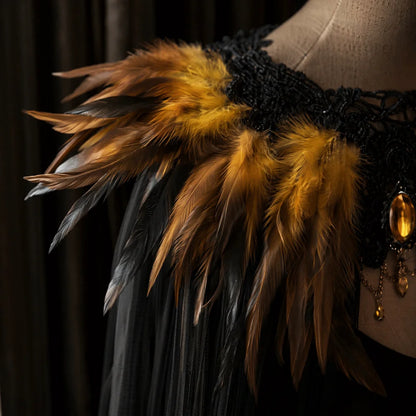 Black Halloween Feather Cloak Elegant Mesh Fringe Hollow Lace Mesh Cape Fur Collar Flowing Festival Costume Cape Gothic Carnival