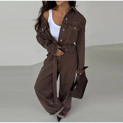 Chic Denim Women's Jumpsuit Turn-Down Collar Lace Up Full Sleeve Lady Long Jumpsuits 2026 Spring Casual Female Streetwear