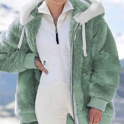 Women's Plush Hooded Drawstring Coat Autumn Winter Fashion Casual Zipper Long Sleeve Pocket Solid Color Ladies Jacket