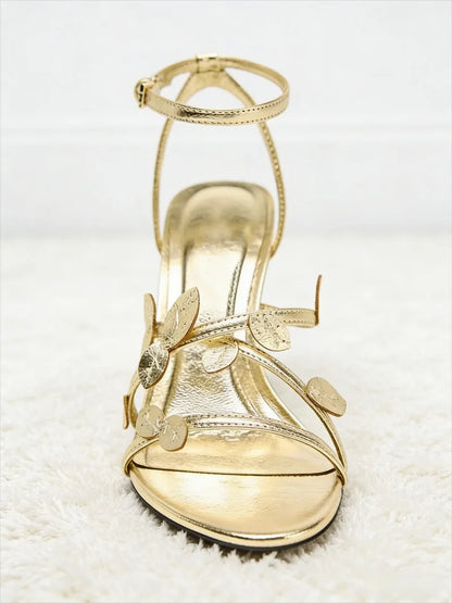 Elegant Gold Leaf Narrow Band High Heeled Sandals Women Fashion Open Toe Ankle Buckle Dress Shoes Luxury Brand Designer Shoes
