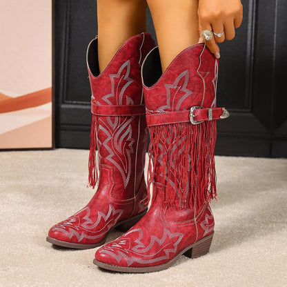 Spring Autumn Red Fringe Women's Mid Calf Boots Block Heels 4.5cm Pointed Toe Embroidery Belt Buckle Western Cowboy Boots Shoes