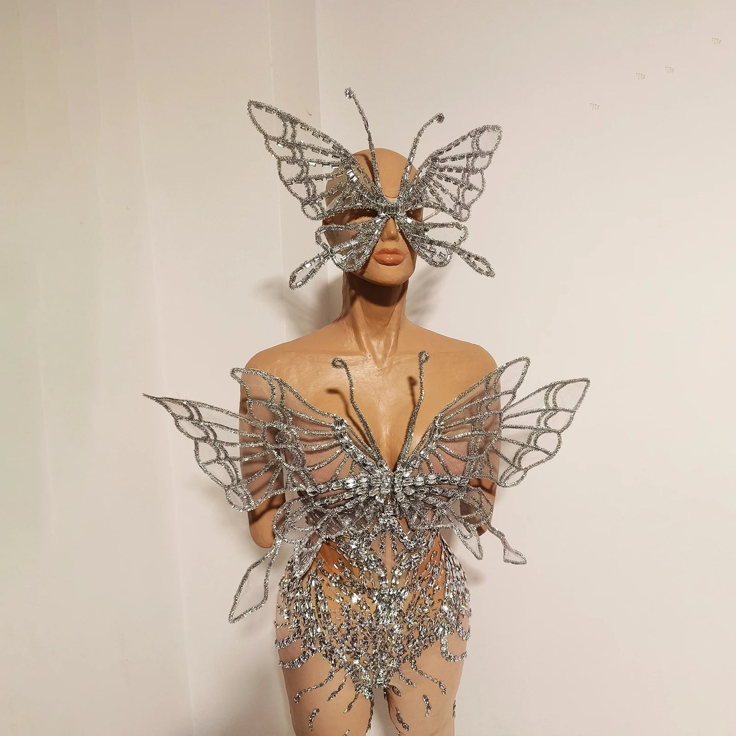 Sexy Shiny Silver Crystal Jumpsuit Transparent Mesh 3D Butterfly Rhinestone Wings Jumpsuit Birthday Party Performance Costume