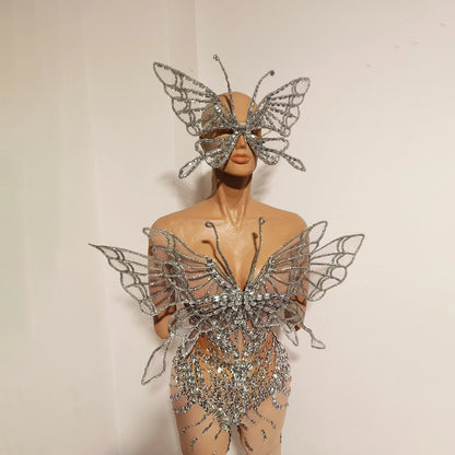 Sexy Shiny Silver Crystal Jumpsuit Transparent Mesh 3D Butterfly Rhinestone Wings Jumpsuit Birthday Party Performance Costume