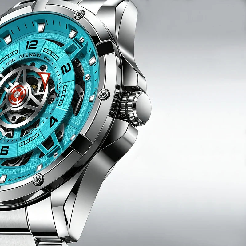 GLENAW Men Mechanical Watches Casual Outdoor Wristwatch Men Top Luxury Automatic Hollowed Watch Male Stainless Steel Waterproof