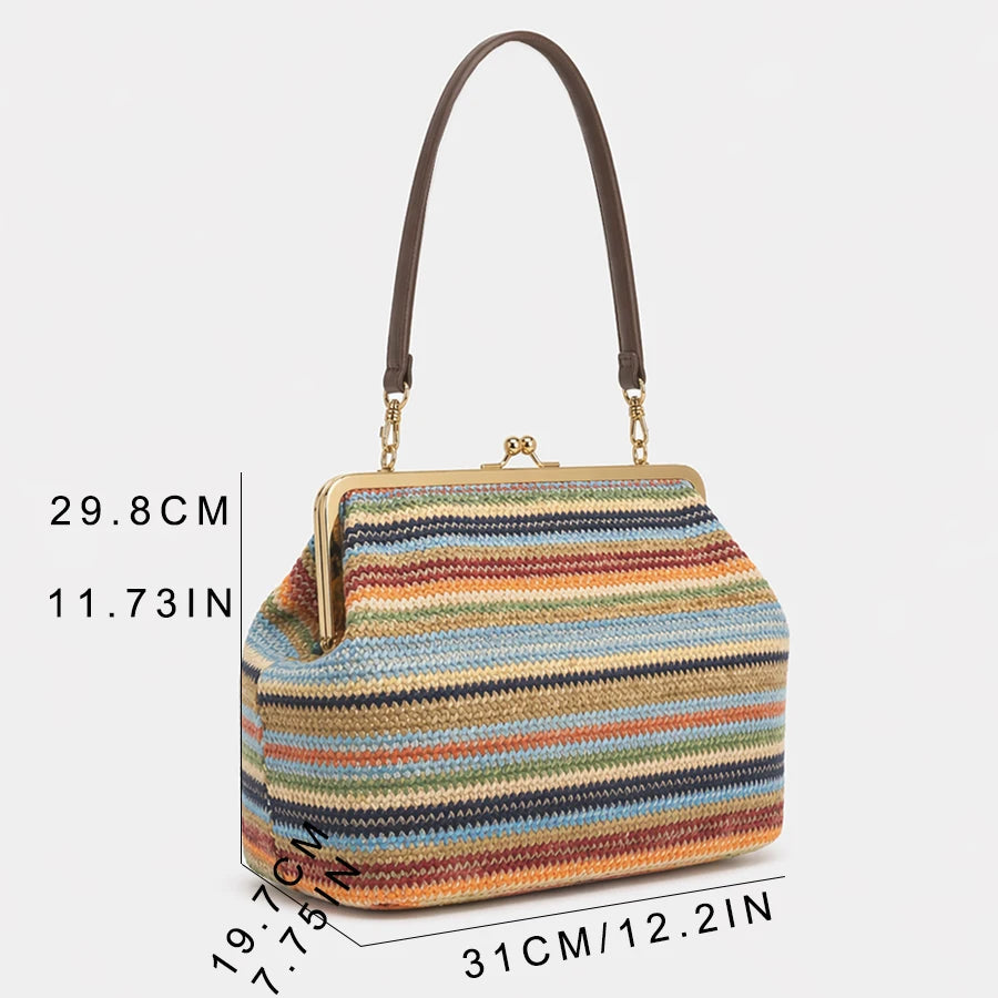 Fashion Large Striped Clip Shell Clucth Bag for Women Designer PP Straw Handbags Luxury Summer Beach Woven Bags Vacation 2026