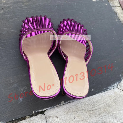 Cage Round Toe Metallic Mules Women New In Sexy Luxury High Heel Shoes Female Thin Strap 2023 Summer Elegant Chic Solid Slippers