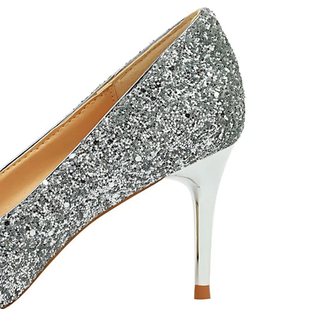 Women Luxury Bling Red  Blue Valentine Party Scarpins Pumps Lady Glitter Sequins 7cm 9.5cm High Heels Designer Shoes Plus Size
