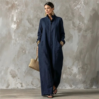 Women's Spring Autumn Long Sleeved Jumpsuit With Pockets Simple Solid Button Half Open Design Loose Jumpsuits Ladies Casual Wear